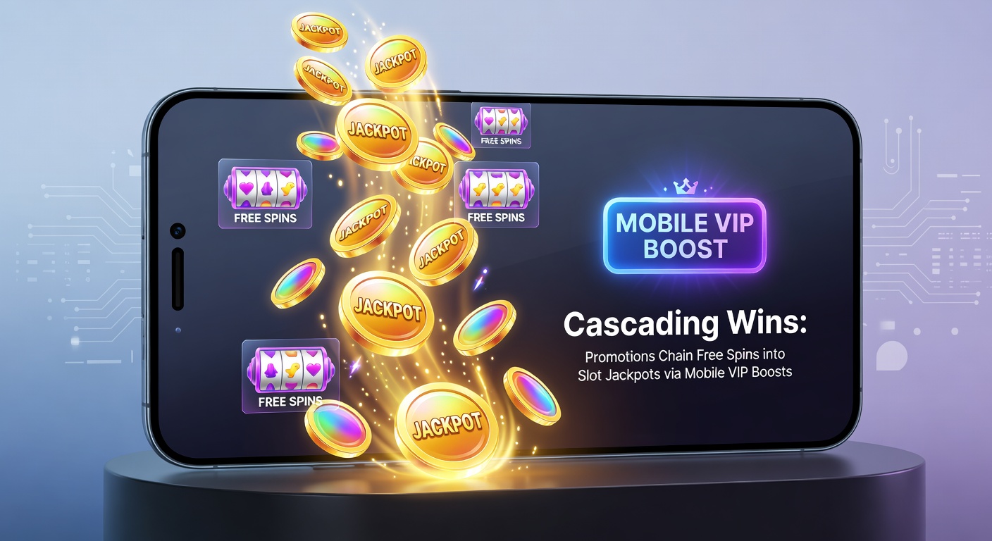 Mobile phone displaying a slot cascade with free spins chaining into a glowing jackpot win, surrounded by VIP badge icons and promotion banners