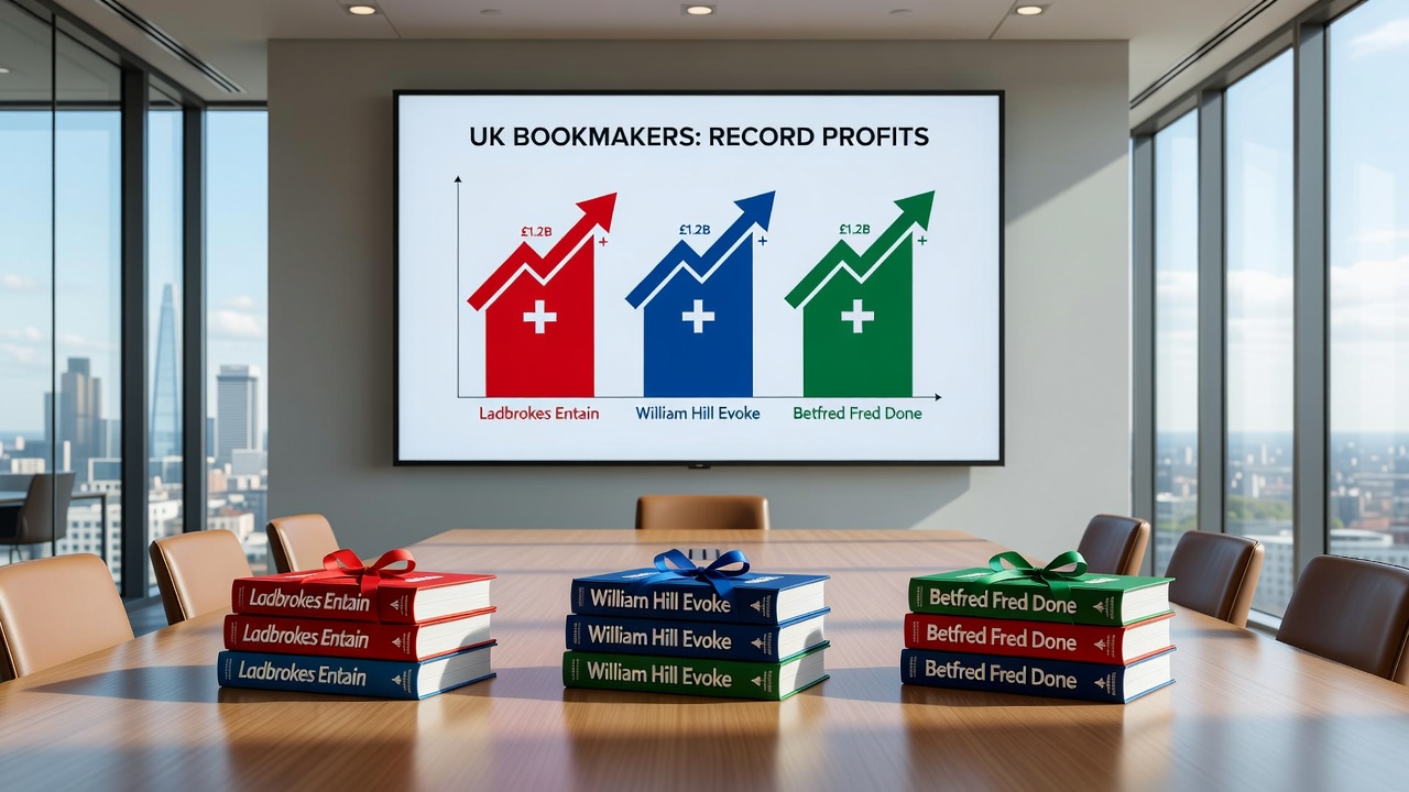 Financial charts and regulatory reports on a table in a UK betting office