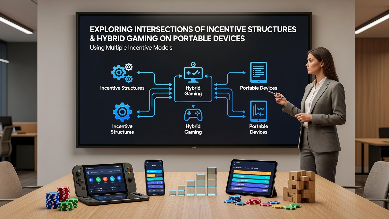 Illustration of hybrid gaming rewards flowing through portable device channels and recognition badges