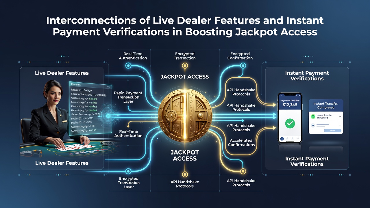 Illustration of interconnected live dealer and payment verification systems on mobile screens