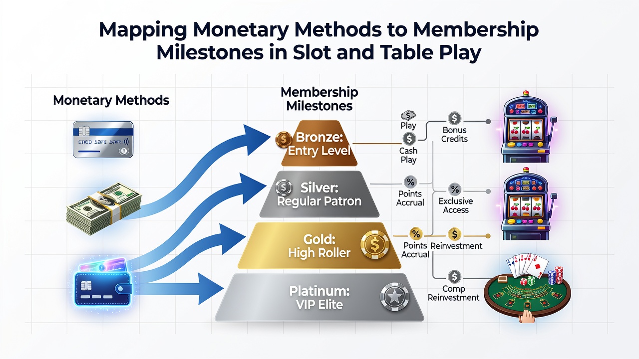 Player reviewing loyalty tier progress on a mobile app next to gaming tables