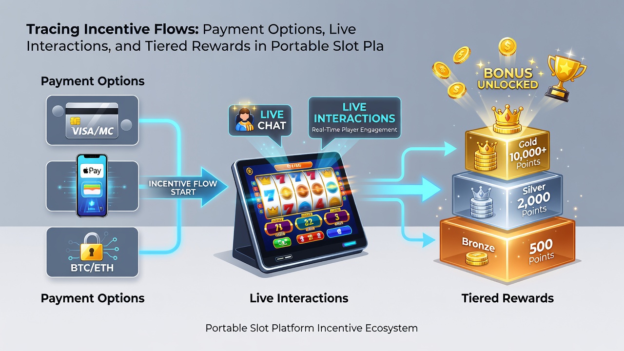 Illustration of live dealer interfaces connected to tiered reward tracking in mobile slots