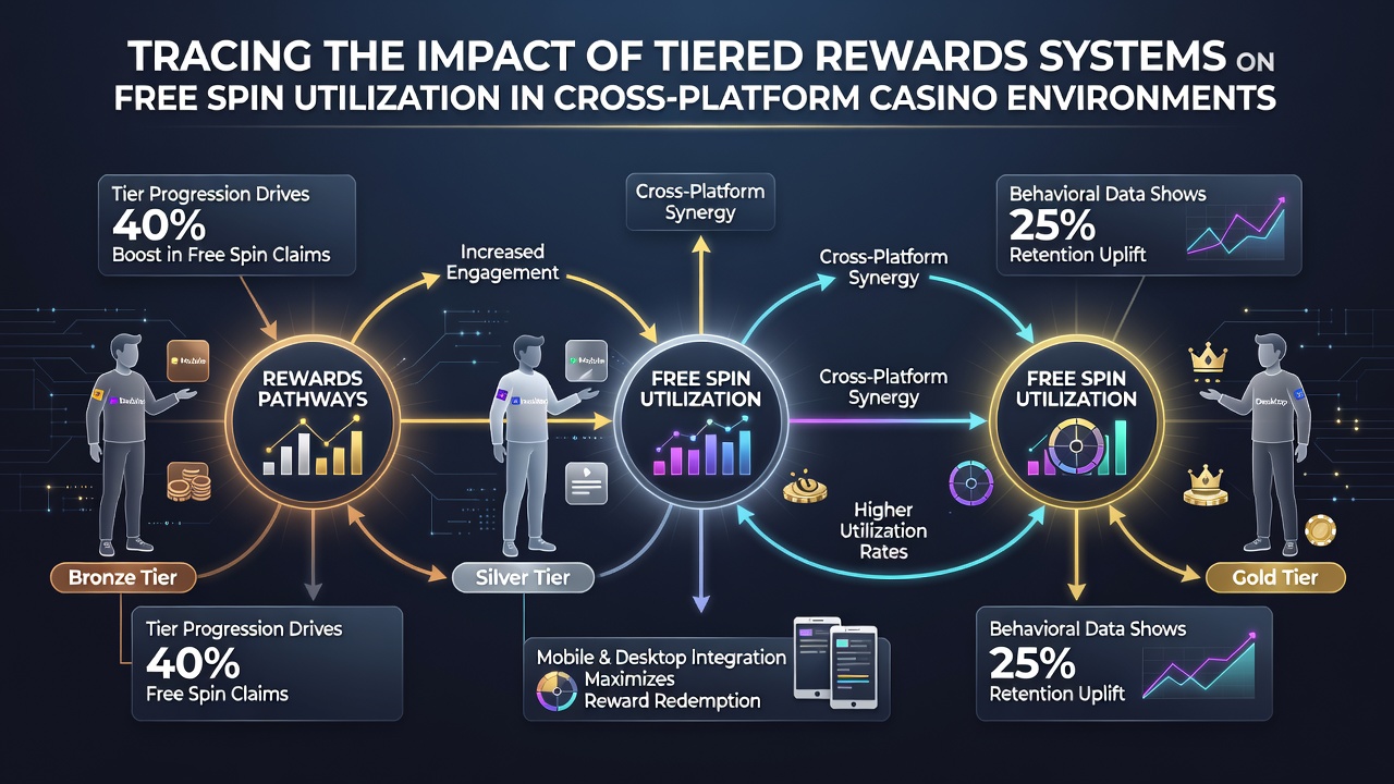 Analytics dashboard displaying free spin redemption rates segmented by loyalty tier and device type in a cross-platform casino setting