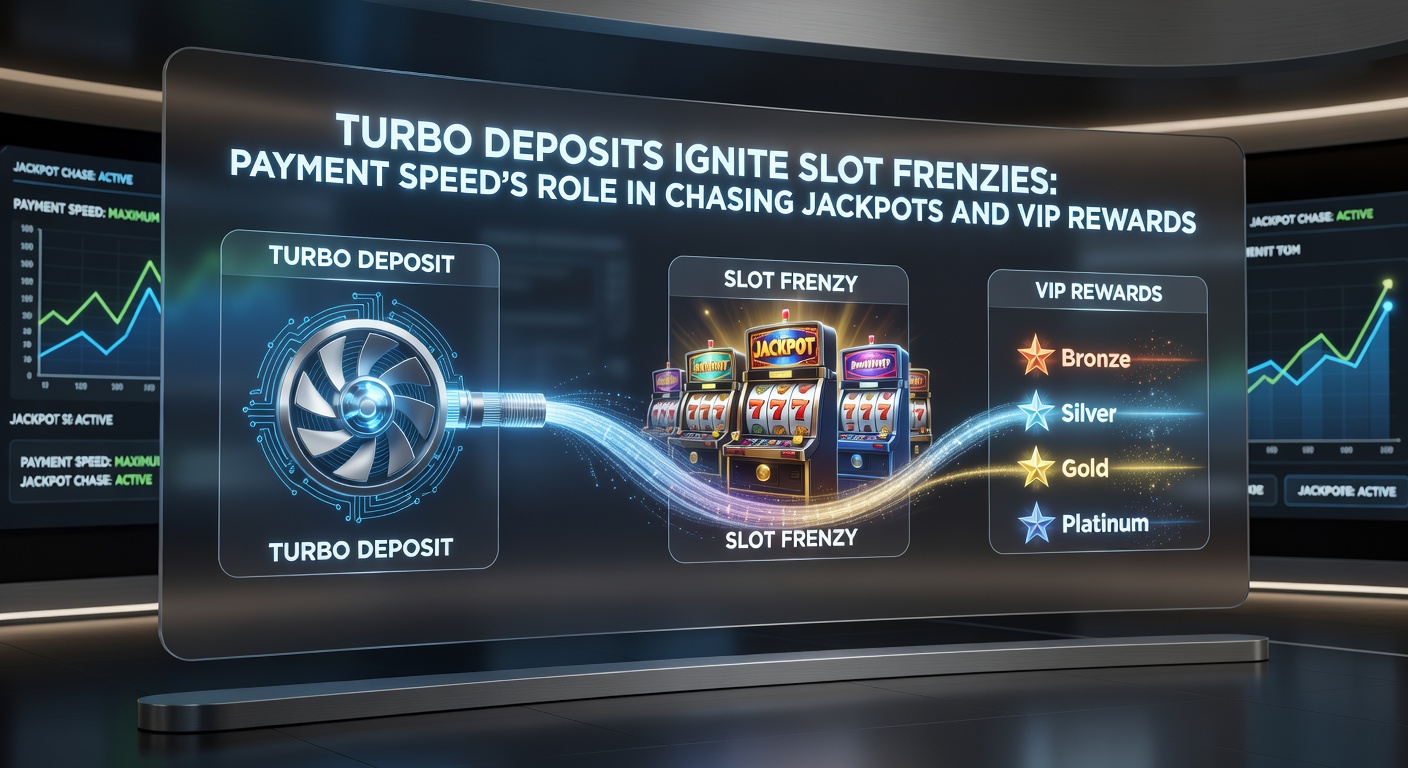 Dynamic graphic of a jackpot meter filling rapidly beside icons of speeding payment arrows and VIP ladders ascending, illustrating fast deposits boosting wins and rewards